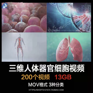 200个三维人体器官细胞视频素材-人体器官血液大脑皮肤病毒骨骼基因经络心脏三维3D动画【电商热销59】-北极星资源库