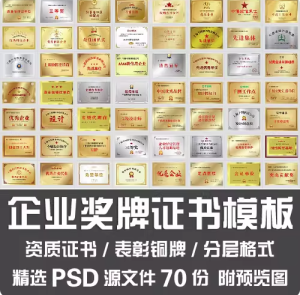 70份企业奖牌证书模板【PSD源文件可直接修改使用】公司单位设计院表彰铜牌【电商热销859】-北极星资源库