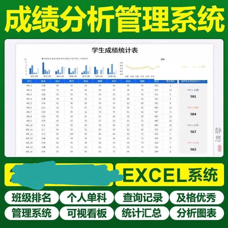 学生成绩排名统计分析个人成绩自动计算登记管理系统EXCEL素材