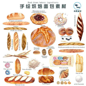 手绘水彩面包烘焙法棍甜甜圈甜点手账卡片PNG免扣图设计素材-北极星资源库