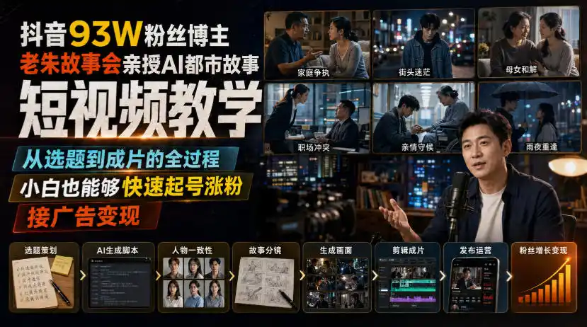 抖音93W粉丝博主老朱故事会亲授AI都市故事短视频教学，从选题到成片的全过程，小白也能够快速起号涨粉接广告变现-北极星资源库