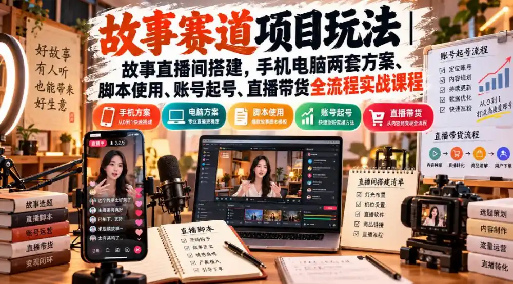 故事赛道项目玩法|故事直播间搭建,手机电脑两套方案、脚本使用、账号起号、直播带货全流程实战课程-北极星资源库