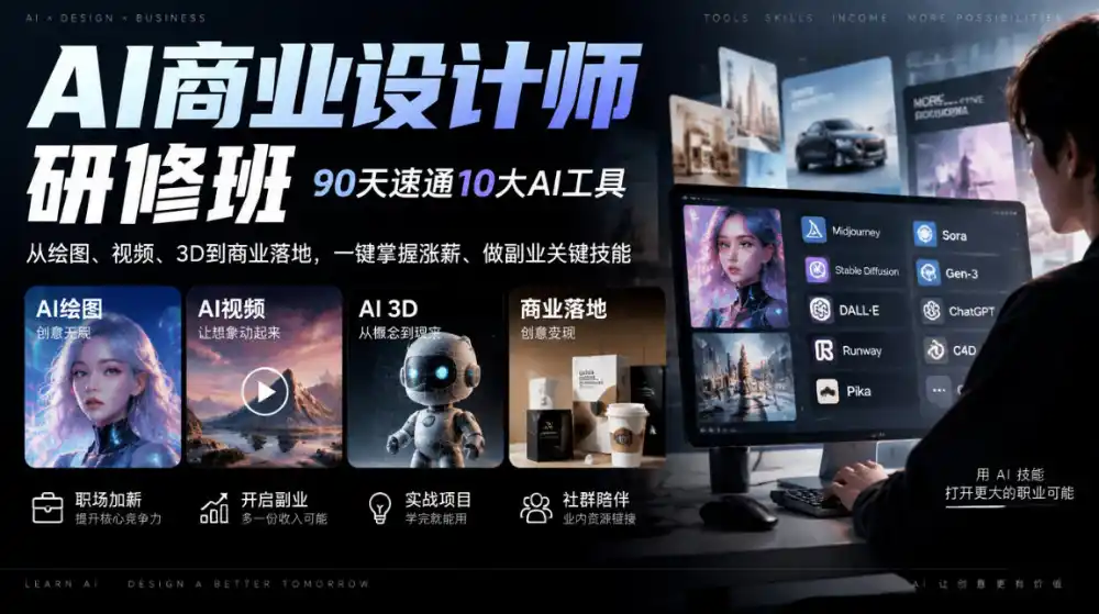 AI商业设计师研修班，90天速通10大AI工具，从绘图、视频、3D到商业落地，一键掌握涨薪、做副业关键技能-北极星资源库