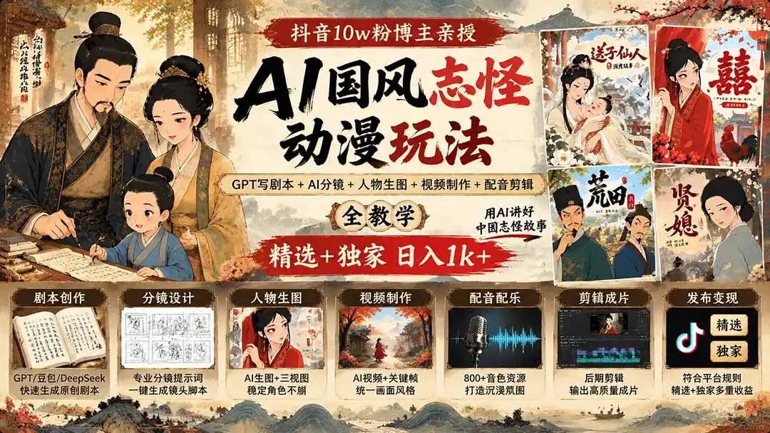 抖音10w粉博主亲授AI国风志怪动漫玩法｜GPT写剧本+AI分镜+人物生图+视频制作+配音剪辑全教学｜精选+独家日入1k+-北极星资源库