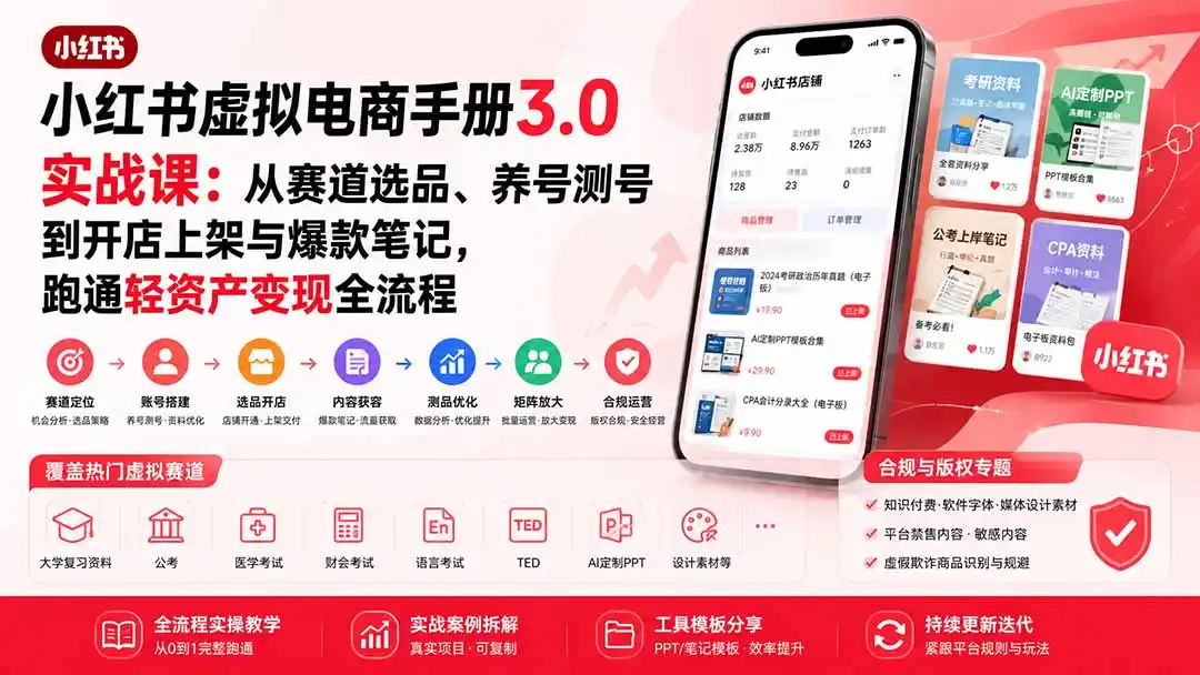 小红书虚拟电商手册3.0实战课：从赛道选品、养号测号到开店上架与爆款笔记，跑通轻资产变现全流程-北极星资源库