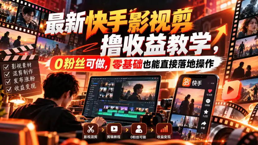最新快手影视混剪撸收益教学，0粉丝可做，零基础也能直接落地操作-北极星资源库