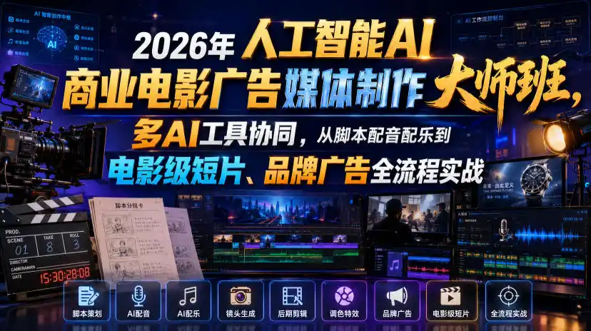 2026年人工智能AI商业电影广告媒体制作大师班，多AI工具协同，从脚本配音配乐到电影级短片、品牌广告全流程实战(中英字幕)-北极星资源库