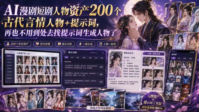 AI漫剧短剧人物资产200个古代言情人物+提示词，再也不用到处去找提示词生成人物了-北极星资源库