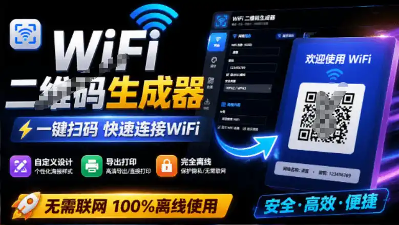 完全离线使用！WiFi二维码生成器，一键扫码快速连接WiFi，支持自定义风格导出WiFi二维码生成器-北极星资源库