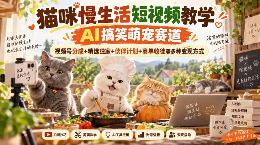 猫咪慢生活短视频教学,AI搞笑萌宠赛道,视频号分成+精选独家+伙伴计划+商单收徒等多种变现方式-北极星资源库