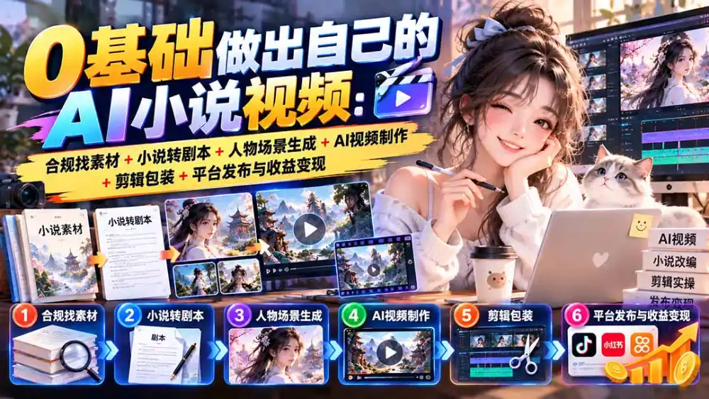 0基础做出自己的AI小说视频：合规找素材+小说转剧本+人物场景生成+AI视频制作+剪辑包装+平台发布与收益变现-北极星资源库