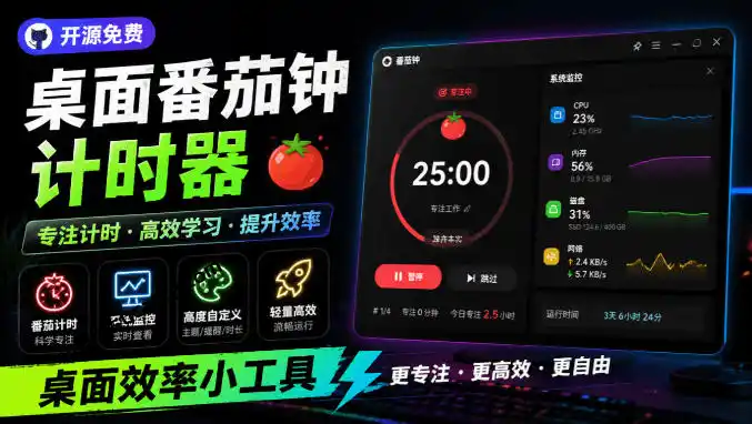 仅1.16MB，开源极简的桌面时钟、番茄钟计时器，还支持系统监控显示，桌面效率小工具Catime-北极星资源库