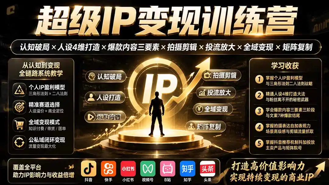 超级IP变现训练营：认知破局×人设4维打造×爆款内容三要素×拍摄剪辑×投流放大×全域变现×矩阵复制-北极星资源库