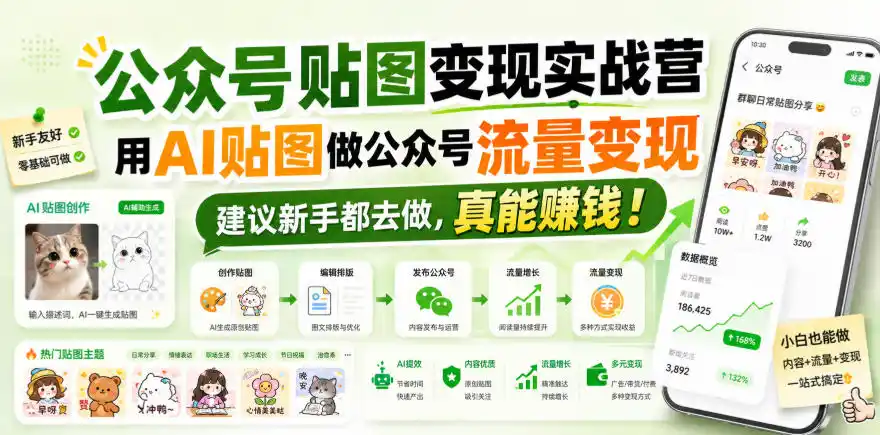 公众号贴图变现实战营，用AI贴图做公众号流量变现，建议新手都去做，真能賺钱！-北极星资源库
