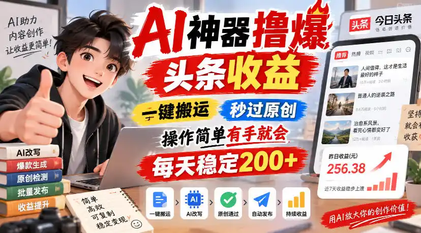 AI神器撸爆头条收益,一键搬运,秒过原创,操作简单有手就会,每天稳定200+【揭秘】-北极星资源库