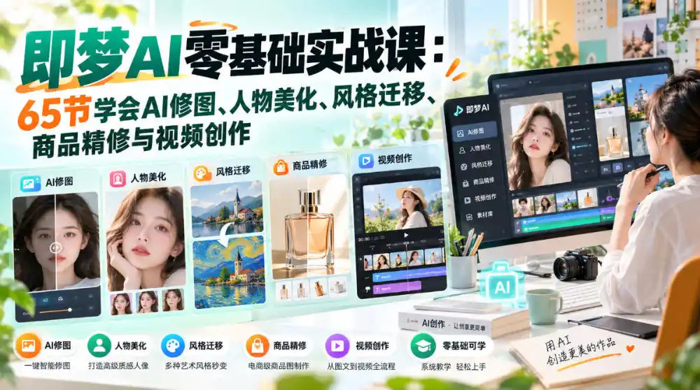 即梦AI零基础实战课：65节学会AI修图、人物美化、风格迁移、商品精修与视频创作-北极星资源库
