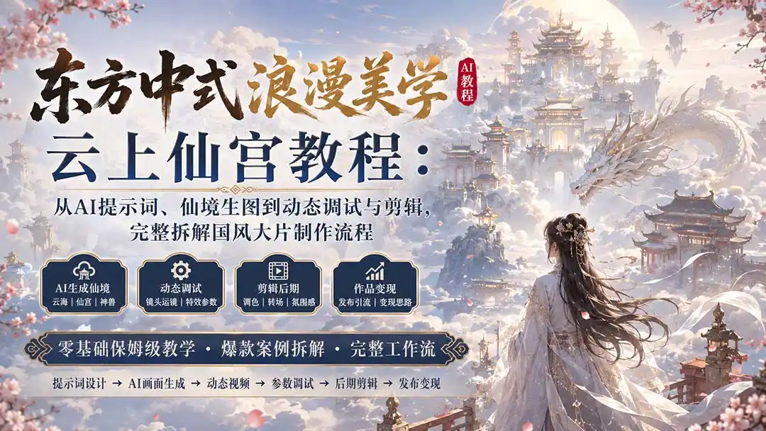 东方中式浪漫美学云上仙宫教程：从AI提示词、仙境生图到动态调试与剪辑，完整拆解国风大片制作流程-北极星资源库