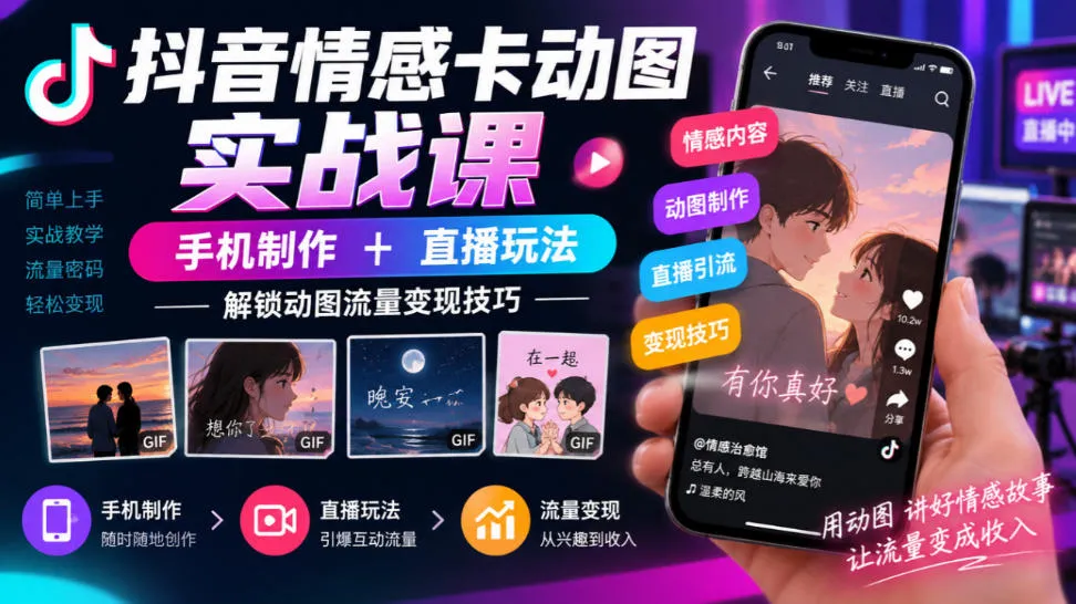 抖音情感卡动图实战课｜手机制作+直播玩法，解锁动图流量变现技巧-北极星资源库