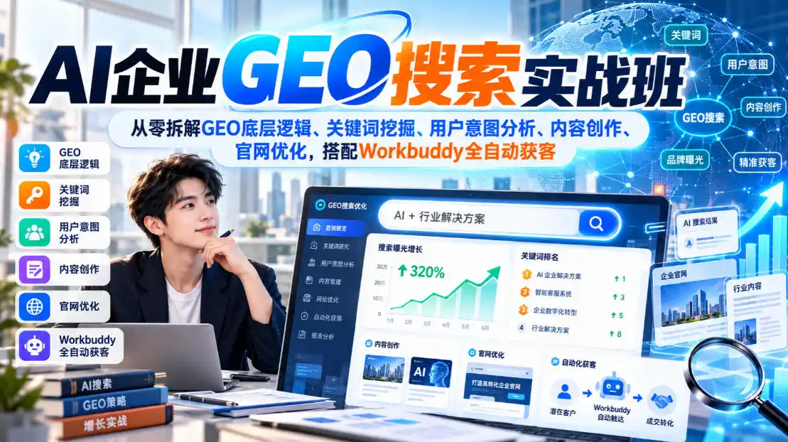 AI企业GEO搜索实战班，从零拆解GEO底层逻辑、关键词挖掘、用户意图分析、内容创作、官网优化，搭配Workbuddy全自动获客-北极星资源库