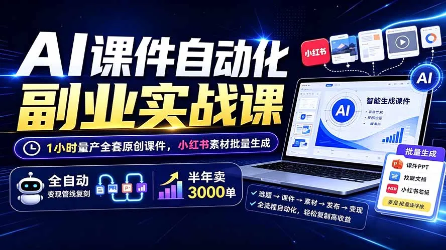 AI课件自动化副业实战课：1小时量产全套原创课件×小红书素材批量生成×全自动变现管线×半年卖3000单-北极星资源库