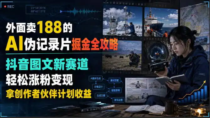 外面卖188的AI伪记录片掘金全攻略，抖音图文新赛道，轻松涨粉变现，拿创作者伙伴计划收益【文档】-北极星资源库