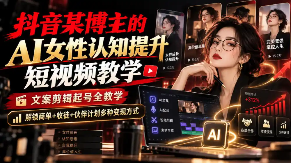 抖音某博主的Ai女性认知提升短视频教学，文案剪辑起号全教学，解锁商单+收徒+伙伴计划多种变现方式-北极星资源库