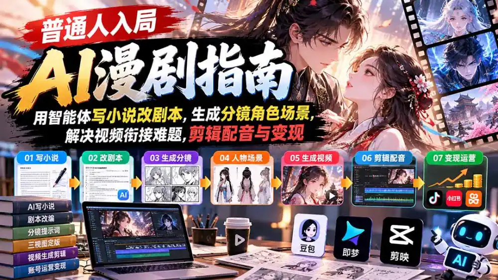 【无水印】普通人入局AI漫剧指南：用智能体写小说改剧本，生成分镜角色场景，解决视频衔接难题，剪辑配音与变现-北极星资源库