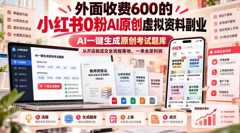 外面收费600的小红书0粉AI原创虚拟资料副业，AI一键生成原创考试题库，从开店到成交全流程落地，一单全是利润-北极星资源库
