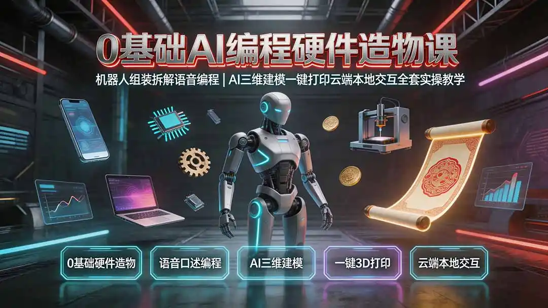 0基础AI编程硬件造物课｜机器人组装拆解语音编程，AI三维建模一键打印云端本地交互全套实操教学-北极星资源库