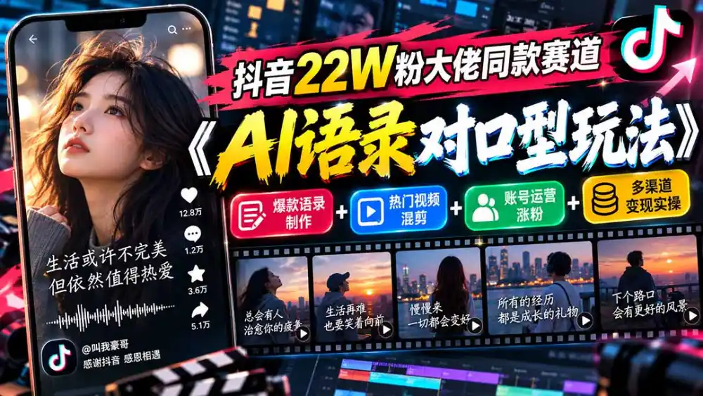 抖音22W粉大佬同款赛道《AI语录对口型玩法》：爆款语录制作+热门视频混剪+账号运营涨粉+多渠道变现实操-北极星资源库