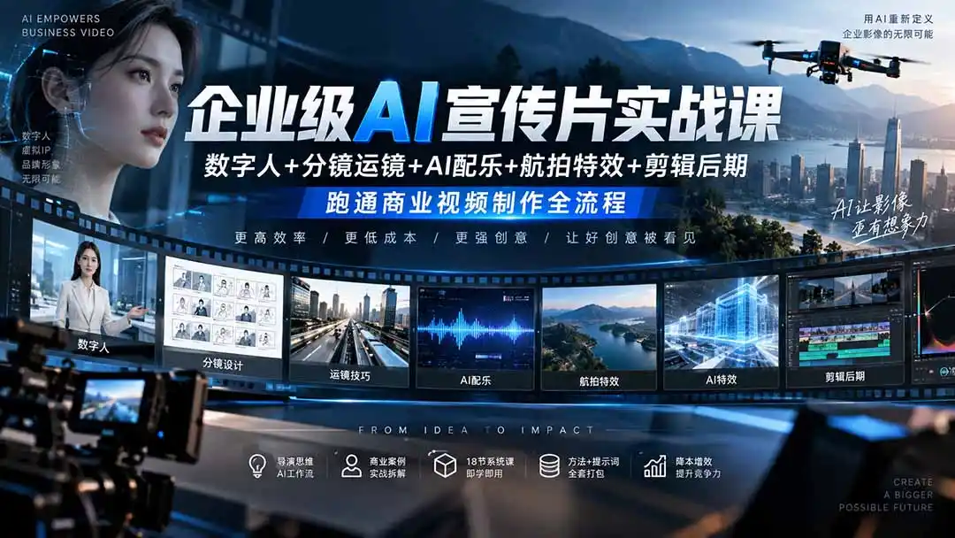 企业级AI宣传片实战课｜数字人+分镜运镜+AI配乐+航拍特效+剪辑后期，跑通商业视频制作全流程-北极星资源库