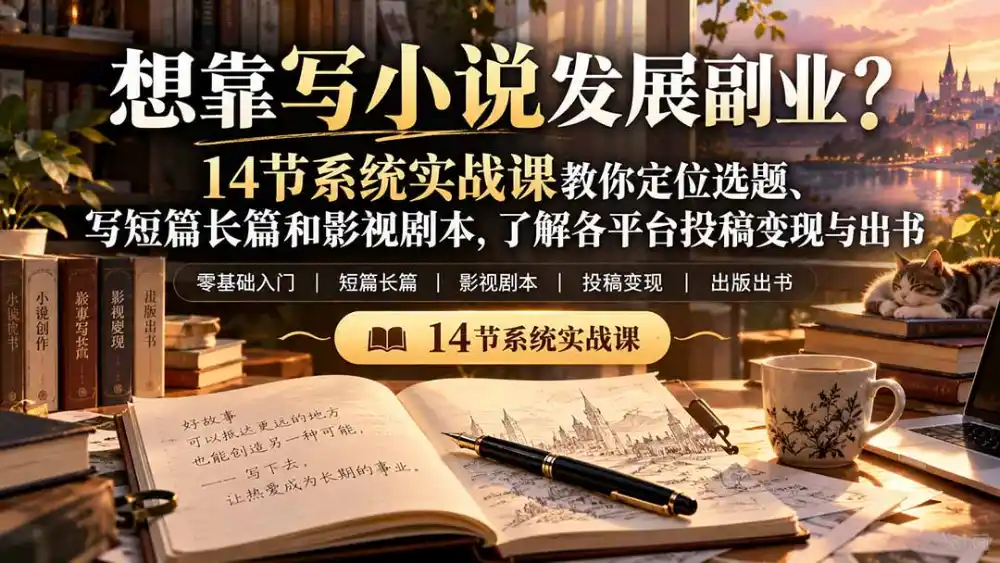 【无水印】想靠写小说发展副业？14节系统实战课教你定位选题、写短篇长篇和影视剧本，了解各平台投稿变现与出书-北极星资源库
