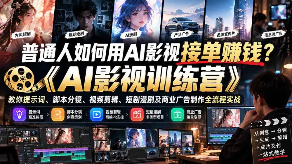 普通人如何用AI影视接单赚钱？《AI影视训练营》教你提示词、脚本分镜、视频剪辑、短剧漫剧及商业广告制作全流程实战-北极星资源库
