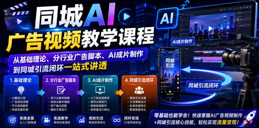 同城AI广告视频教学课程，从基础理论、分行业广告脚本、AI成片制作到同城引流闭环一站式讲透-北极星资源库