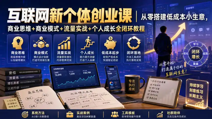 互联网新个体创业课｜从零搭建低成本小生意，商业思维+商业模式+流量实战+个人成长全闭环教程(更新0922)-北极星资源库