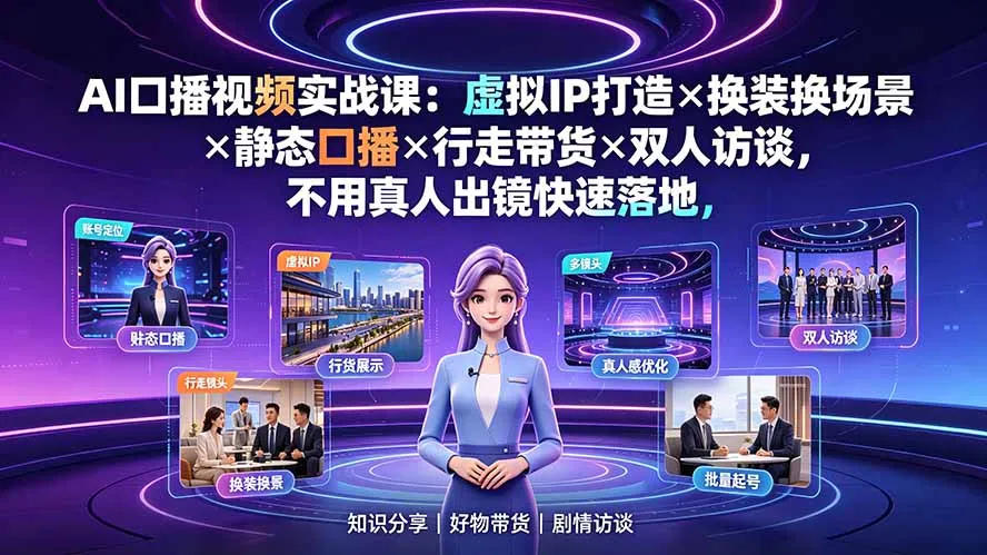 AI口播视频实战课：虚拟IP打造×换装换场景×静态口播×行走带货×双人访谈，不用真人出镜快速落地-北极星资源库