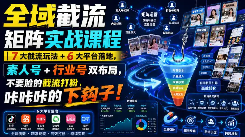 全域截流矩阵实战课程｜7大截流玩法+6大平台落地，素人号+行业号双布局，不要脸的截流打粉，咔咔咔的下钩子！-北极星资源库