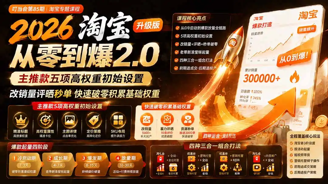 2026淘宝从零到爆2.0第85期；主推款五项高权重初始设置，改销量评晒秒单快速破零积累基础权重-北极星资源库