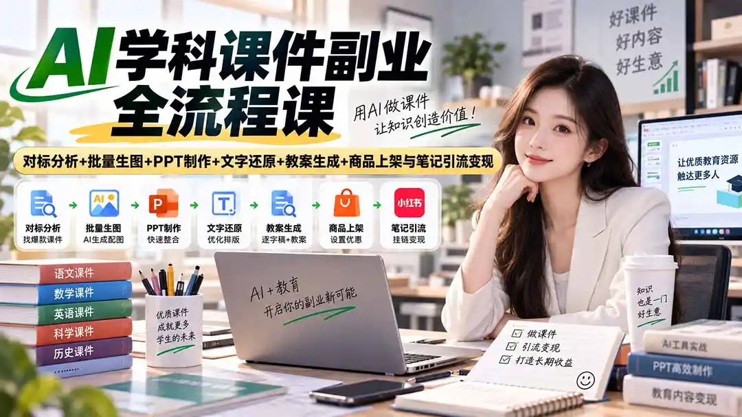 AI学科课件副业全流程课｜对标分析+批量生图+PPT制作+文字还原+教案生成+商品上架与笔记引流变现-北极星资源库