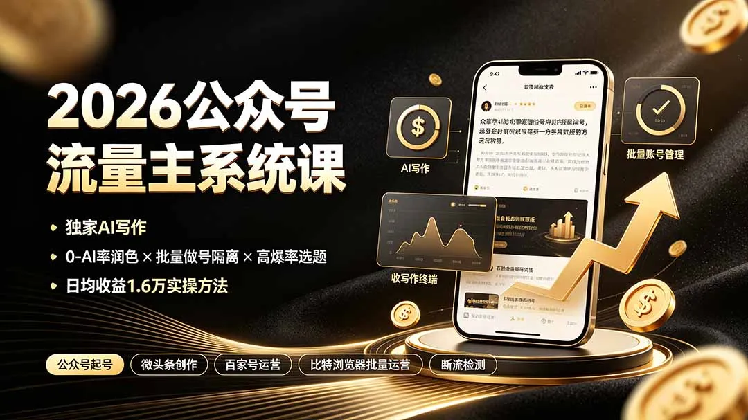 2026公众号流量主系统课：独家AI写作×0-AI率润色×批量做号隔离×高爆率选题，日均收益1.6万实操方法-北极星资源库