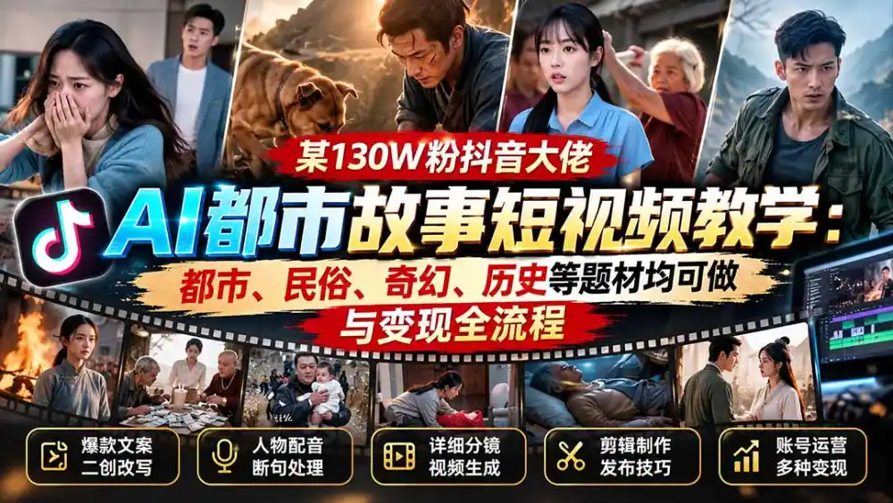 某130W粉抖音大佬AI都市故事短视频教学：都市、民俗、奇幻、历史等题材均可做与变现全流程-北极星资源库