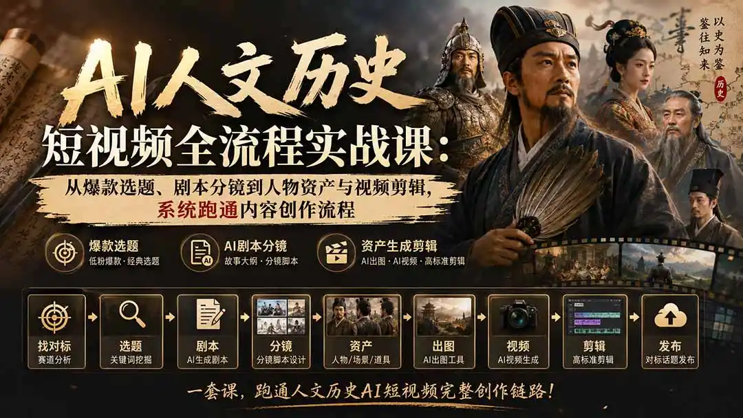 AI人文历史短视频全流程实战课-更新：从爆款选题、剧本分镜到人物资产与视频剪辑，系统跑通内容创作流程-北极星资源库