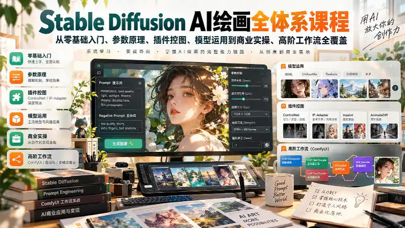 【无水印】Stable Diffusion AI绘画全体系课程，从零基础入门、参数原理、插件控图、模型运用到商业实操、高阶工作流全覆盖-北极星资源库