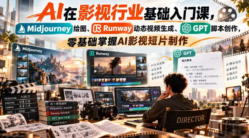 【无水印】AI在影视行业基础入门课，Midjourney绘图、Runway动态视频生成、GPT脚本创作，零基础掌握AI影视短片制作-北极星资源库