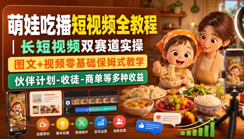 萌娃吃播短视频全教程｜长短视频双赛道实操，图文+视频零基础保姆式教学，伙伴计划-收徒-商单等多种变现方式-北极星资源库