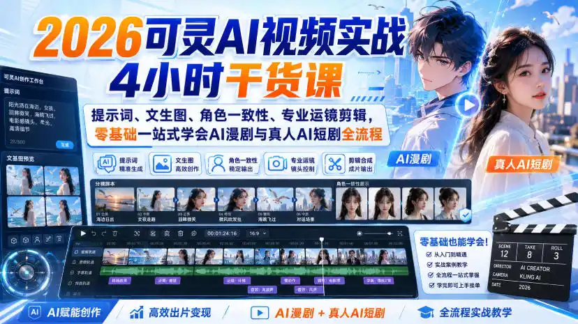 2026可灵AI视频实战4小时干货课｜提示词、文生图、角色一致性、专业运镜剪辑，零基础一站式学会AI漫剧与真人AI短剧全流程-北极星资源库