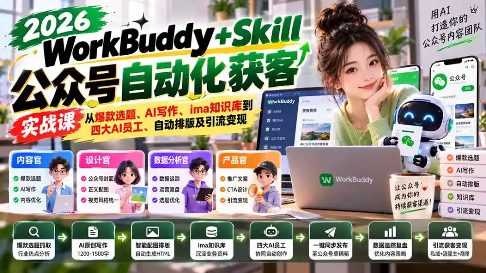 WorkBuddy + Skill公众号自动化获客实战课：从爆款选题、AI写作、ima知识库到四大AI员工、自动排版及引流变现-北极星资源库