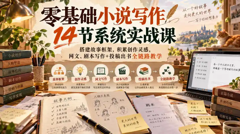 零基础小说写作14节系统实战课，搭建故事框架，积累创作灵感，网文、剧本写作+投稿出书全链路教学-北极星资源库