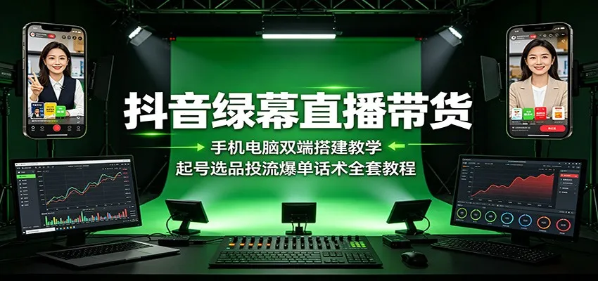抖音绿幕直播带货:手机电脑双端搭建教学,起号选品投流爆单话术全套教程-北极星资源库