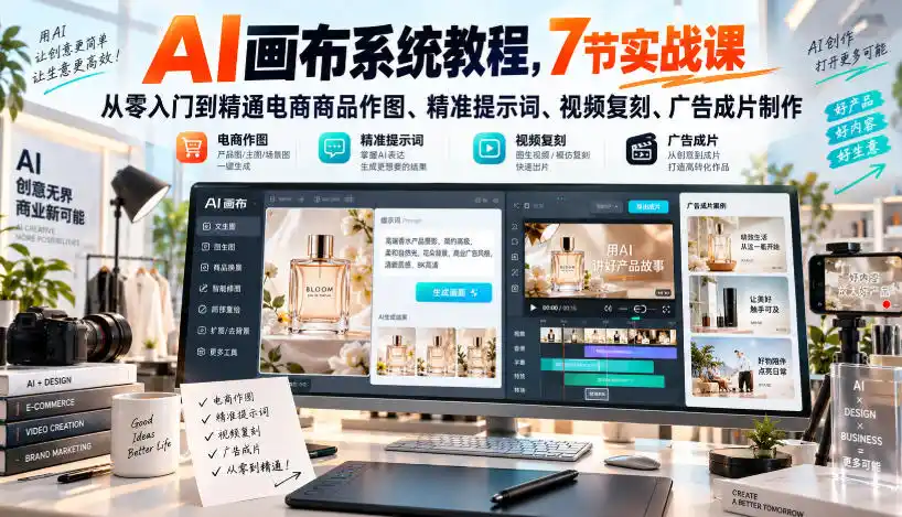 AI画布系统教程，7节实战课从零入门到精通电商商品作图、精准提示词、视频复刻、广告成片制作-北极星资源库